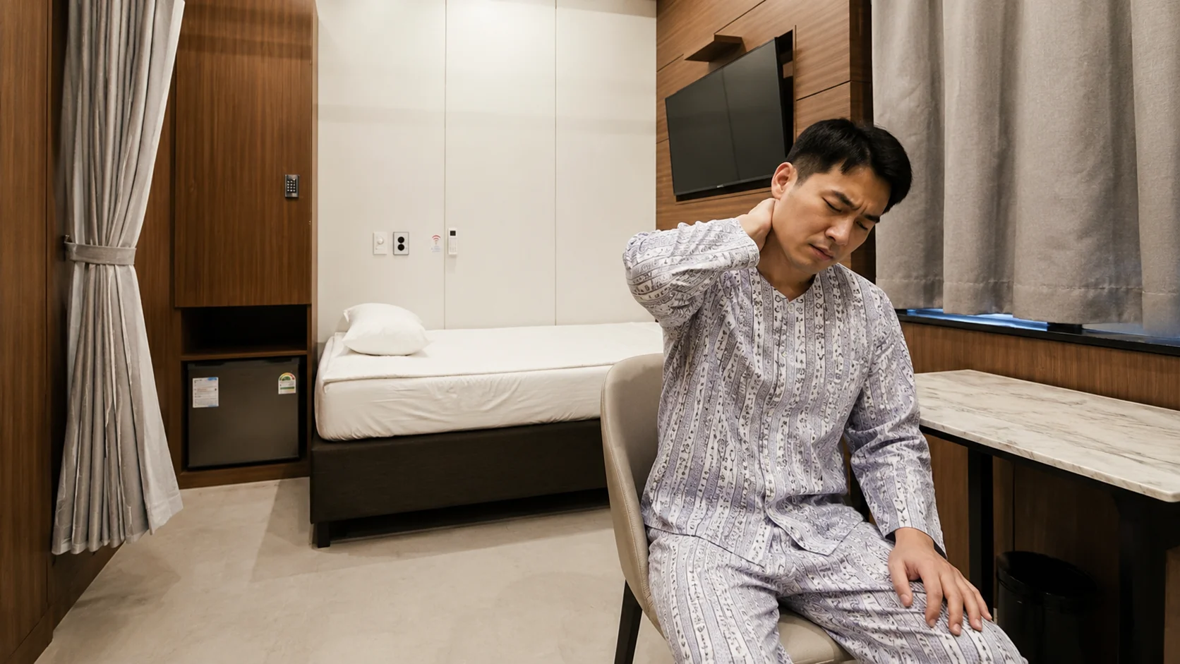 부산 교통사고 만성 통증|병원 입원실에서 목 통증을 호소하는 환자
