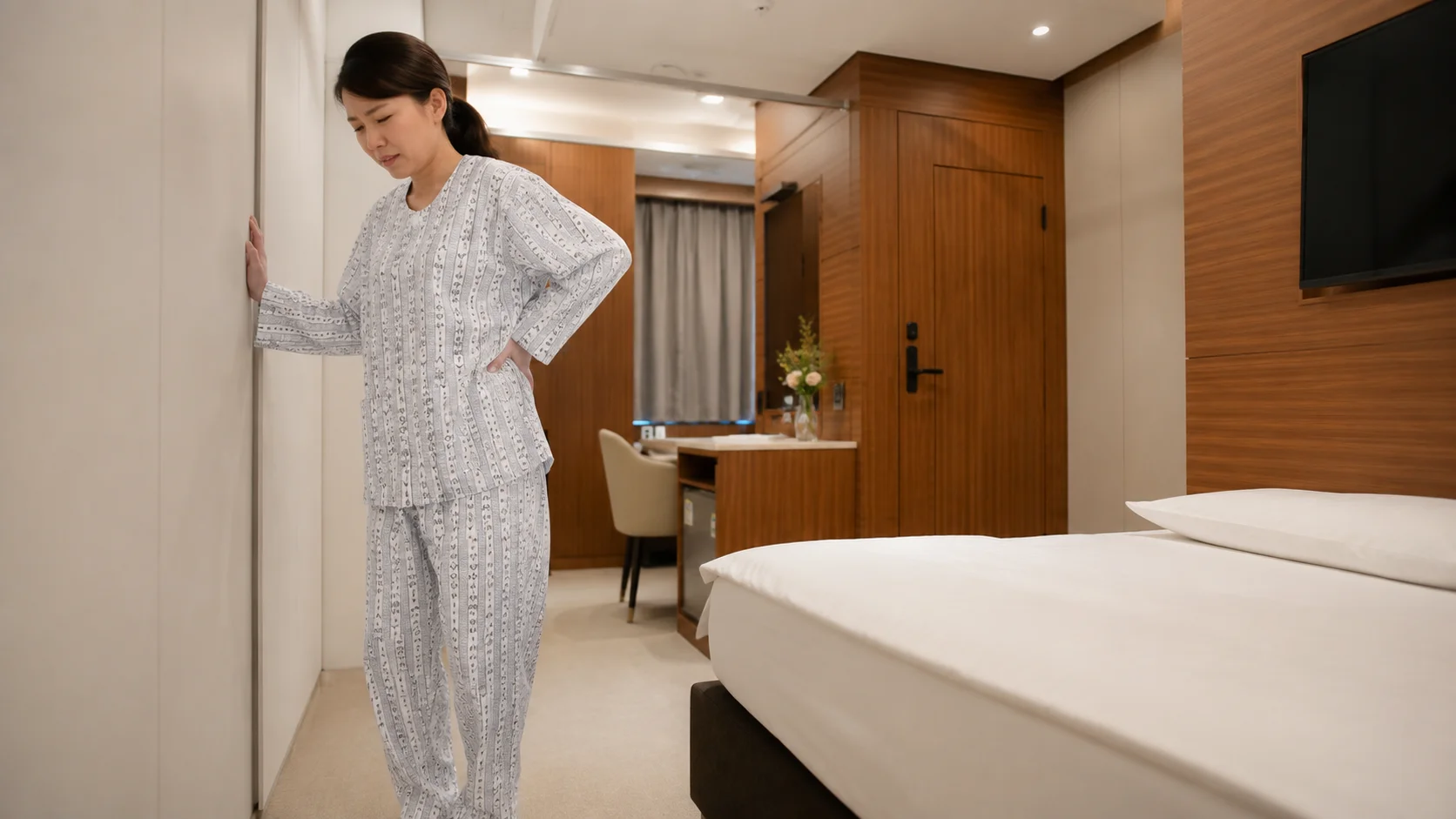 수영역 교통사고 자동차보험|허리 통증을 느끼며 허리를 짚고 있는 환자