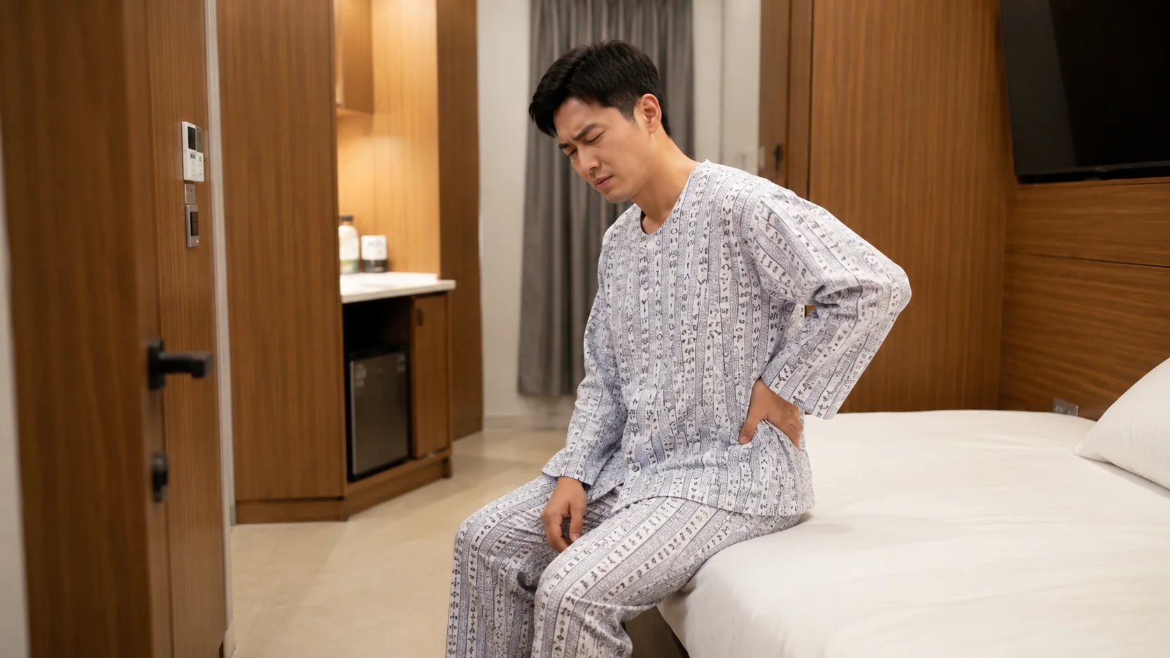 부산 교통사고 허리 통증|허리 통증을 느끼며 침대에 앉아 있는 환자