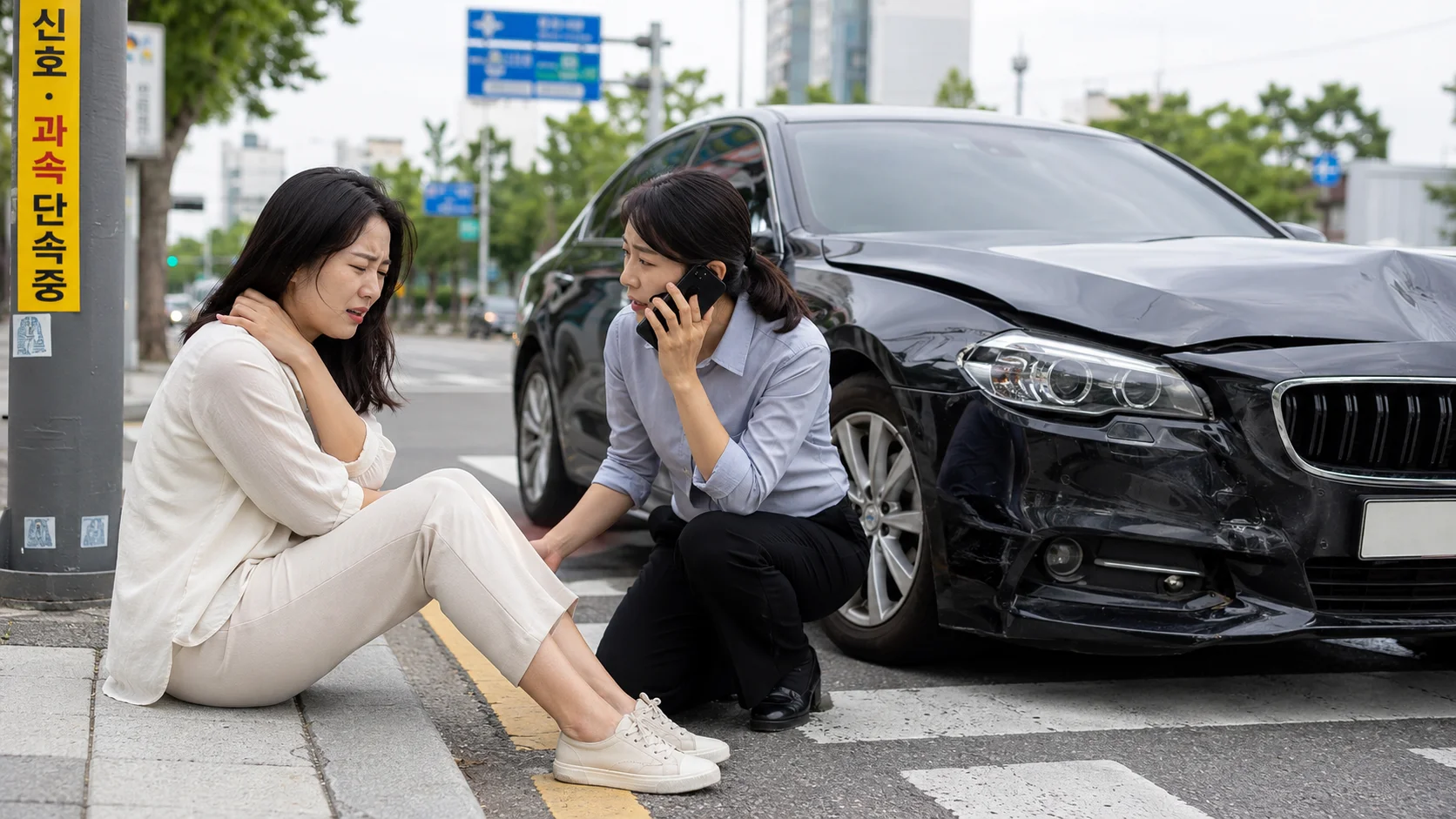 수영구 교통사고 손목|교통사고 현장에서 부상을 입은 여성과 사고 신고 상황