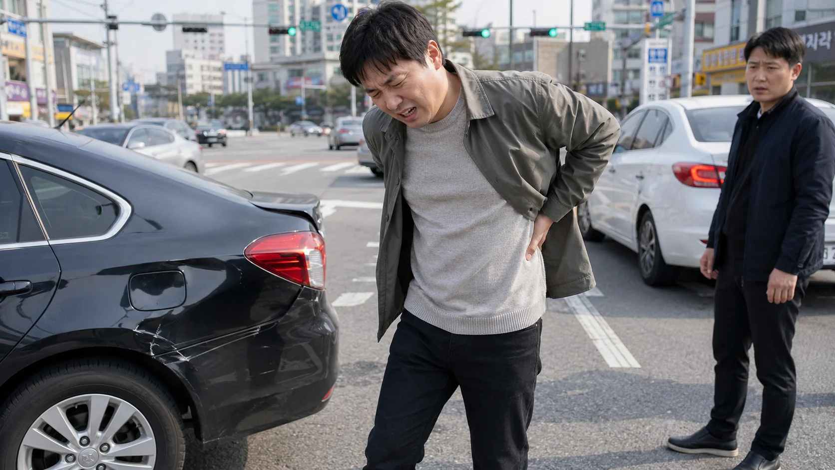 수영구 교통사고 야간진료|교통사고 현장에서 허리 통증을 호소하는 남성