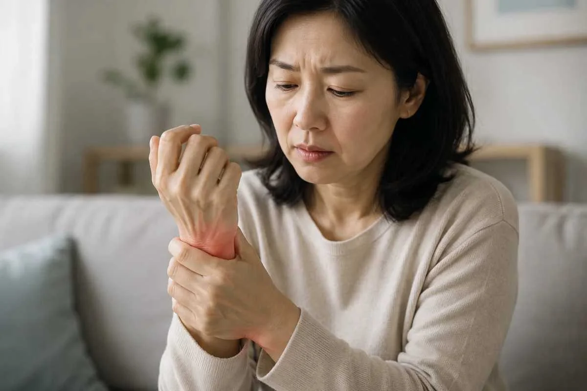 수영구교통사고입원한의원|손목 부위의 통증을 호소하는 중년 여성